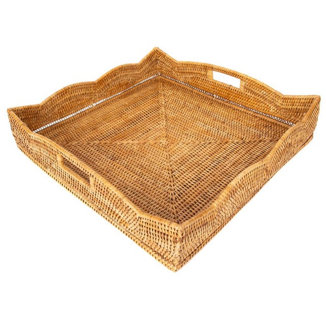 Wood Artifacts Rattan Scallop Collection Square Tray with Cutout Handles in Honey Brown - 20" For Sale - Image 7 of 8
