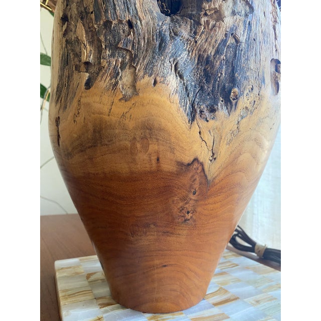 Organic Modern Turned Burl Hardwood Lamp With Woven Wicker Shade For Sale - Image 4 of 11
