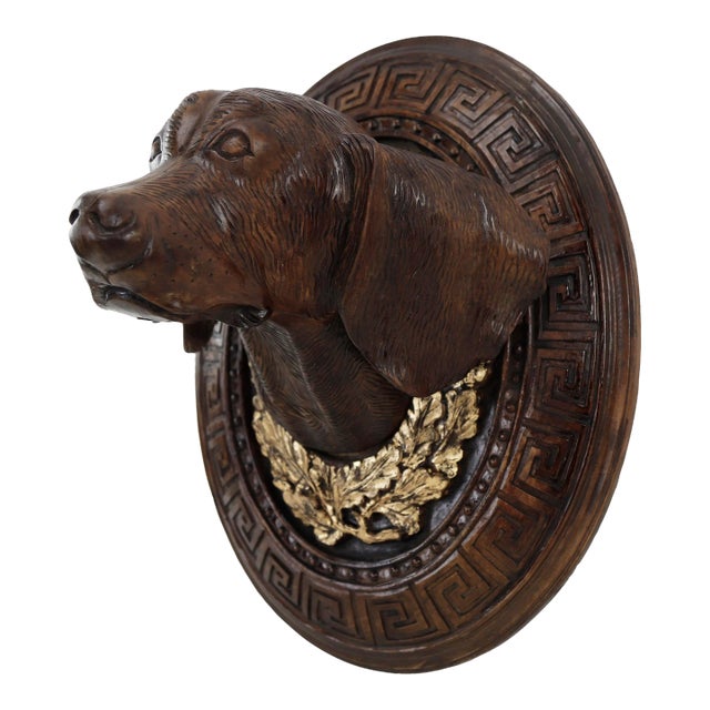 A Mid-20th Century Wooden Hand-Carved Decorative Dog Head For Sale