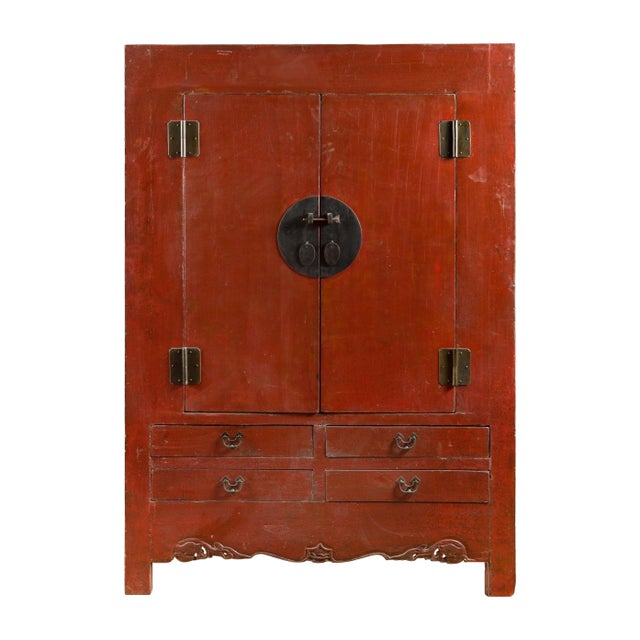 Chinese 19th Century Qing Dynasty Red Lacquer Cabinet with Medallion Hardware For Sale - Image 10 of 11