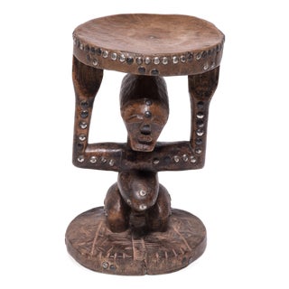 Carved Wooden Songye-Style Caryatid Stool, C. 1950 For Sale