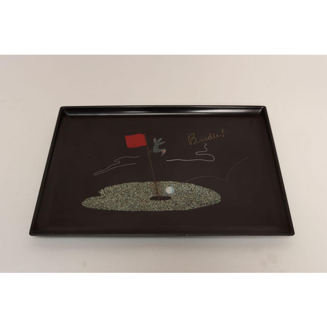 Mid-Century Modern Mid-Century Black Resin Inlaid Shell and Metal Golf Motif "Birdie" Tray by Couroc For Sale - Image 3 of 16