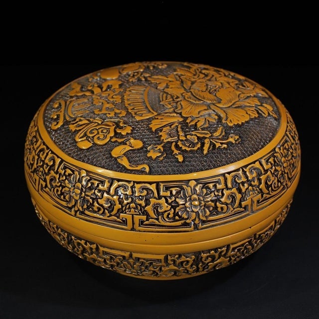 Wood Carved Yellow Lacquer Box With Peony and Auspicious Symbols For Sale - Image 7 of 9