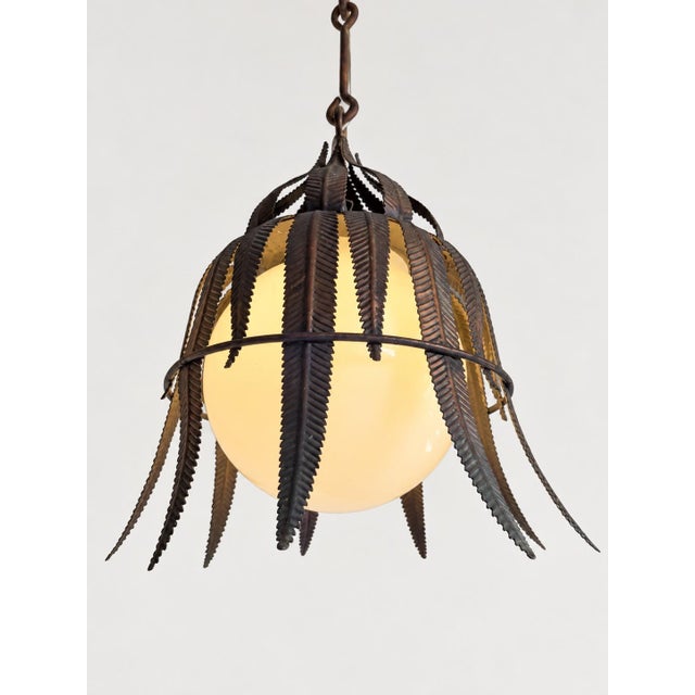 1950s Spanish Copper-Plated Iron Leaf Pendant With Opaline Glass Globe For Sale - Image 4 of 12