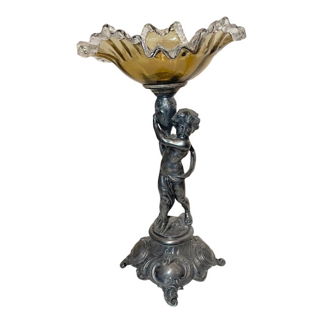Antique Ornate Silverplate Cherub Figural Blown Glass Centerpiece Tazza Compote For Sale