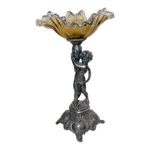 Antique Ornate Silverplate Cherub Figural Blown Glass Centerpiece Tazza Compote