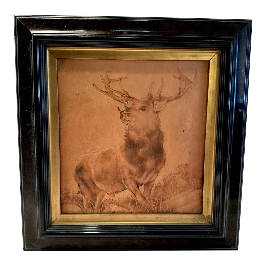 19th Century Pyrography Panel of Deer After Edwin Landseer’s Painting ...