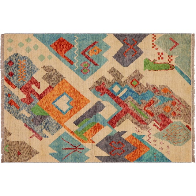 Shabby Chic Balochi Beige/Blue Wool Rug - 3'6''x5'1'' For Sale - Image 10 of 11