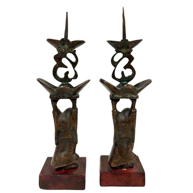 Early 20th Century Chinese Pair of Bronze Happy Buddha Candle Holders For Sale - Image 9 of 9