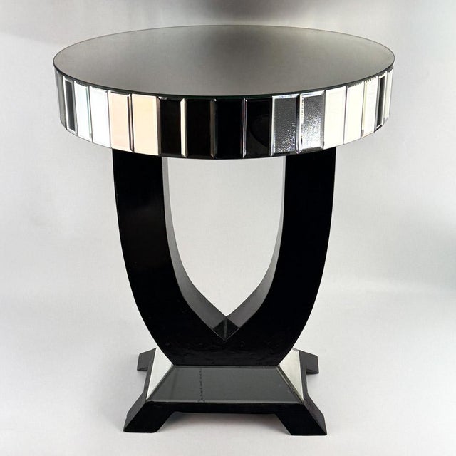 Art Deco Round Mirrored Bar Table, black painted wood with faceted, bevelled mirror panels, handmade and restored, circa...
