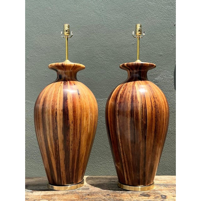 Mid-Century Modern Vintage Striped Wood Table Lamps With Brass Base - a Pair For Sale - Image 3 of 15