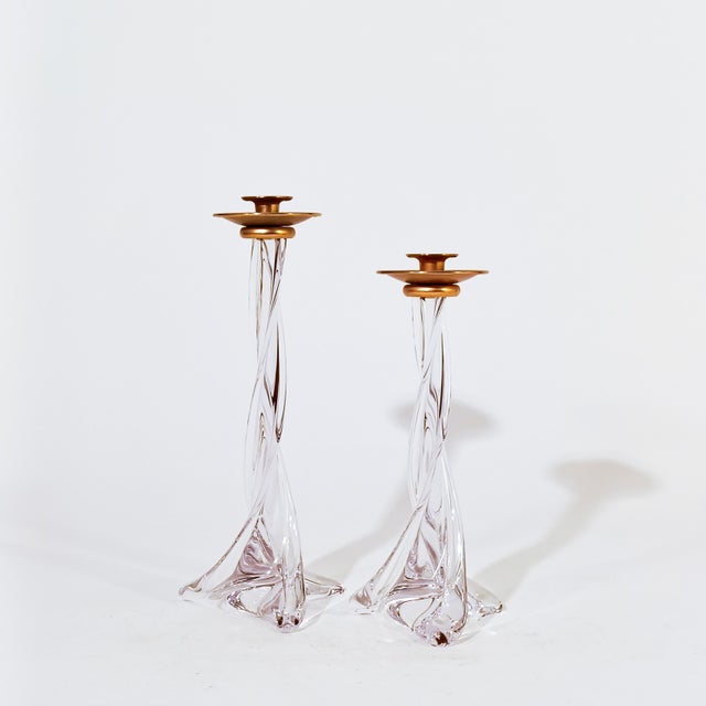 French Sèvres crystal candelabras, 1970s, set of 2. Pair of candelabras made by hand in turned blown glass, in transparent...