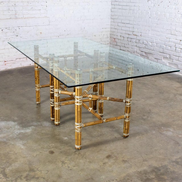 Campaign Late 20th Century Campaign Style Double Pedestal Dining Table by McGuire Bamboo Bases & Glass Top For Sale - Image 3 of 18