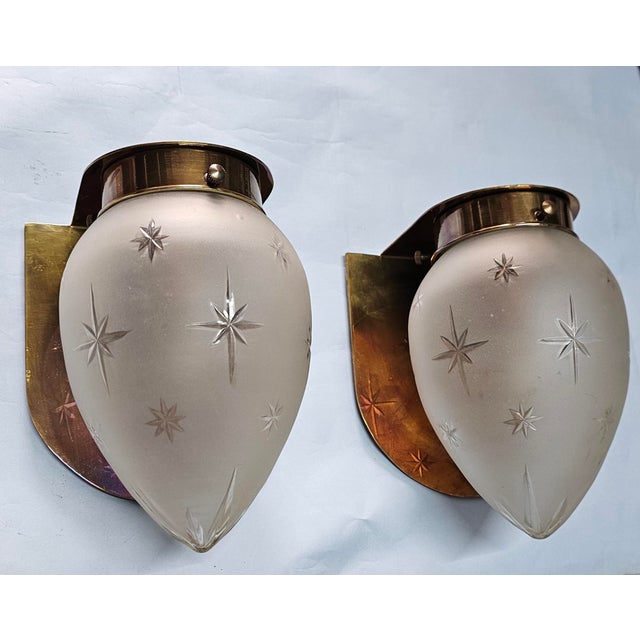 Metal Pair of Vintage Art Deco Wall Sconces Fixture Brass & Star Glass Shade Lamp Ship Light For Sale - Image 7 of 7