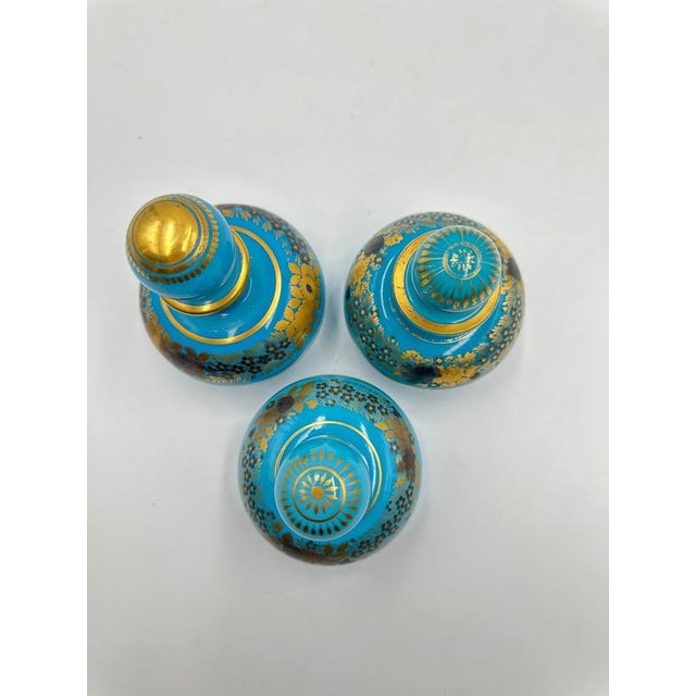 Turquoise Blue Opaline Bottles with Painted Golden Flowers Decoration, 1890s, Set of 3 For Sale - Image 9 of 11