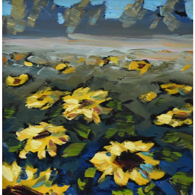 American William Hawkins Sunflower Landscape Painting Including the Antiqued Gold Wood Frame For Sale - Image 3 of 5