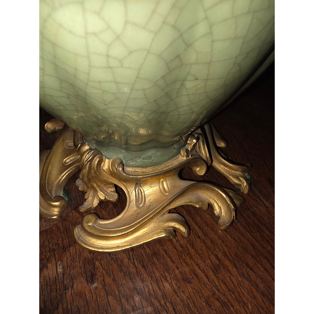 French Antique Celadon Lamp With Gilt Bronze Mounts For Sale - Image 3 of 9
