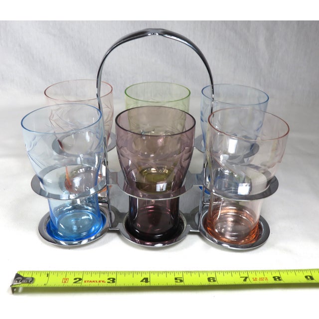 1930s Art Deco Farberware Drinking Glasses & Carrier Set 7 Piece Set