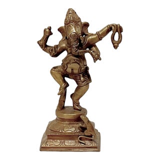Vintage Indian Brass Dancing Ganesha Figurine on Lotus Base For Sale