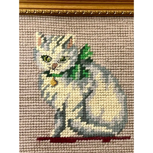 Textile Pair Vintage Framed Needlepoint Cat Kitten Portraits With Bows For Sale - Image 7 of 8