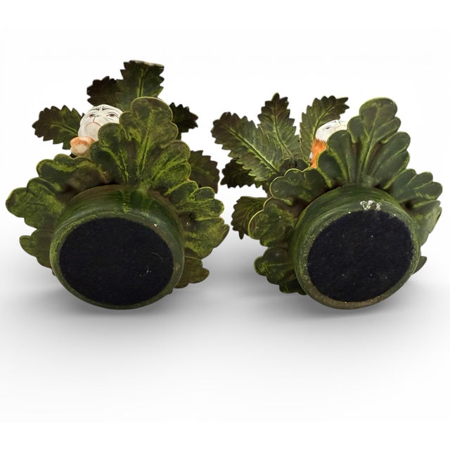 Mid 20th Century Pair of Hand-Painted Porcelain Monkey & Tole Palm Candlesticks, Petites Choses Attributed For Sale - Image 12 of 12