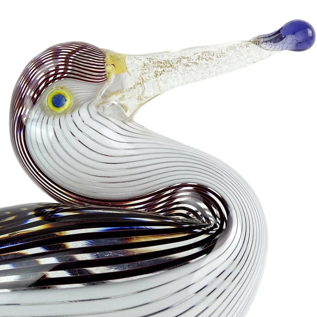 Mid-Century Modern Vintage Murano Dino Martens Black White Stripes Gold Leaf Base Italian Art Glass Bird Figure Sculpture For Sale - Image 3 of 7