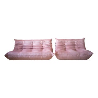 Set of Pink Pearl Velvet Togo 2- and 3-Seat Sofa by Michel Ducaroy for Ligne Roset For Sale