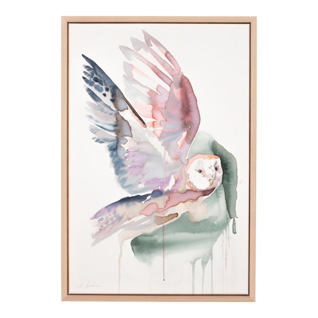 "Flying Owl" Contemporary Original Bird Watercolor Painting on Canvas With Floater Frame by Elizabeth Becker For Sale