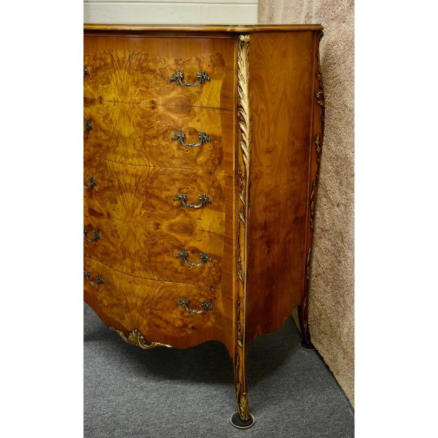 Antique Carved & Inlaid Satinwood Five Drawer French Style Tall Chest