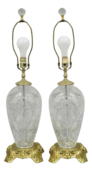 Vintage French Victorian Style Cut Crystal Glass Jardiniere Table Lamps - A Pair