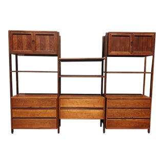 Vintage Mid Century Modern Walnut Three Bay Wall Unit Bookcase W Cabinets by Stanley For Sale