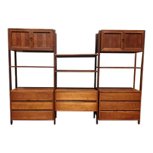 Vintage Mid Century Modern Walnut Three Bay Wall Unit Bookcase W Cabinets by Stanley