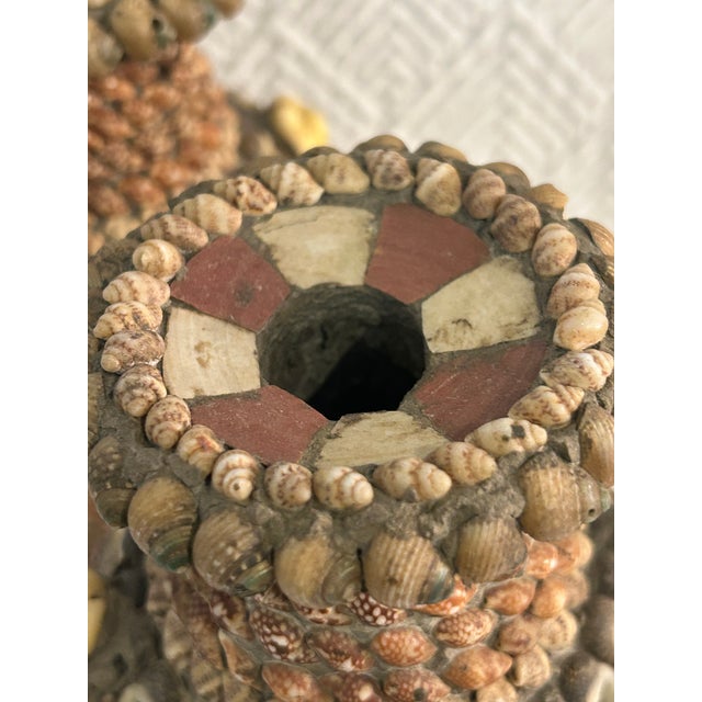 Brown Mid-Century Shell Encrusted Coastal Vases With Sea Dragon Motif – Pair For Sale - Image 8 of 10