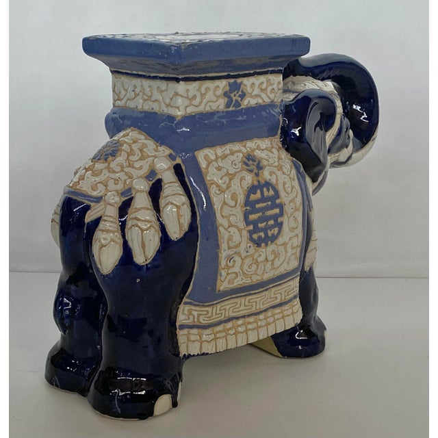 Ceramic Mid Century Majolica Blue & White Elephant Garden Seat For Sale - Image 7 of 9