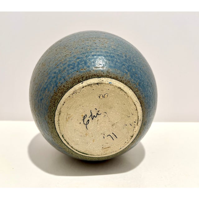 Mid-Century Modern Vintage 1971 Signed Chi Studio Pottery Bottle Vase Blue Amber Drip Glaze For Sale - Image 3 of 6