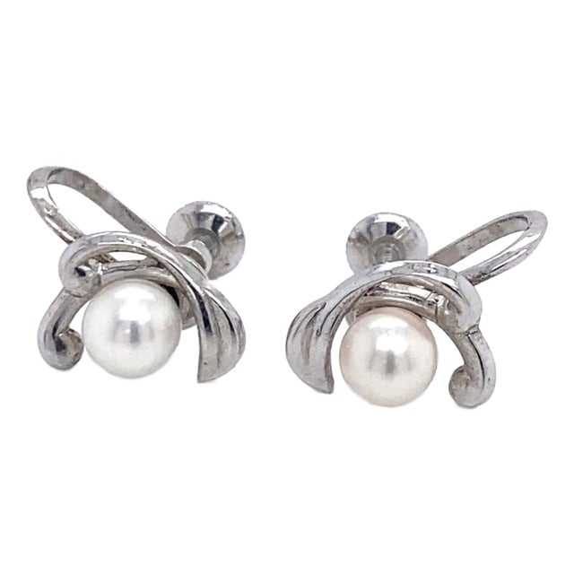 1990s Mikimoto Estate Akoya Pearl Clip On Earrings Sterling Silver 6mm 3.53 Grams, 2 pieces For Sale