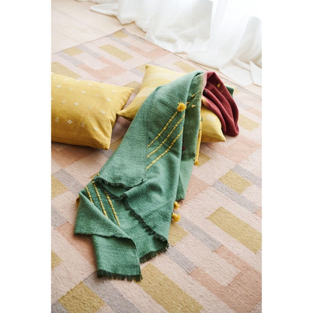 Avocado Green Multi Color Warm Hues Hand Woven Hand Knotted Textured Merino Throw For Sale - Image 9 of 10