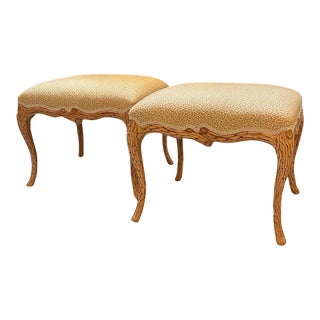 Vintage Italian Carved Rustic Faux Bois Ottomans Newly Upolstered in a Neutral Linen Animal Print - a Pair For Sale