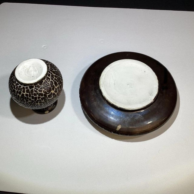 Abstract Handmade Studio Art Pottery Vase Set of 2, Signed “Mh,” Abstract Design For Sale - Image 3 of 10
