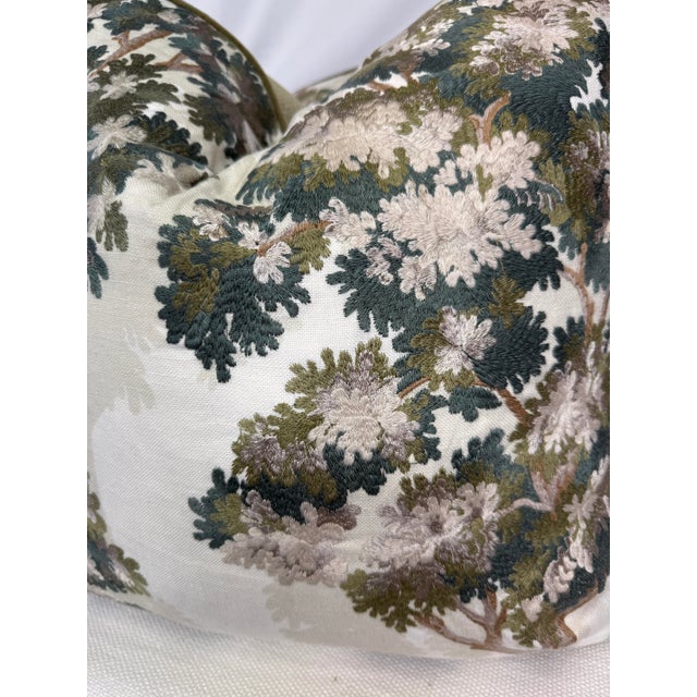 Custom pair of 22" pillows covered in Lee Jofa "Sherwood Embroidery" in color spruce and backed and corded in Kirby Design...