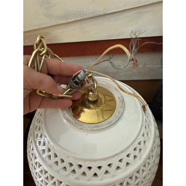 White Vintage Mid-Century Chinoiserie Blanc De Chine Swag Pendant Light | Pierced White Porcelain | Hollywood Regency Accent For Sale - Image 8 of 10