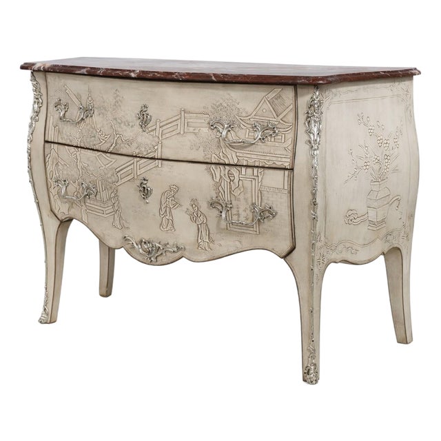 French Style Chinoiserie Carved Marble Top Commode Chest For Sale
