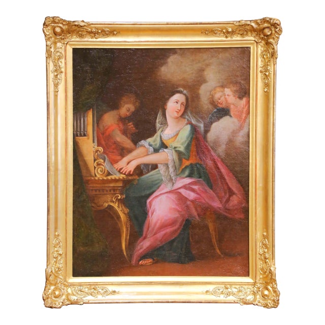 18th C. French Rococo Oil on Canvas Painting of Saint Cecilia in Giltwood Frame For Sale