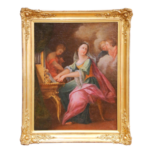 18th C. French Rococo Oil on Canvas Painting of Saint Cecilia in Giltwood Frame