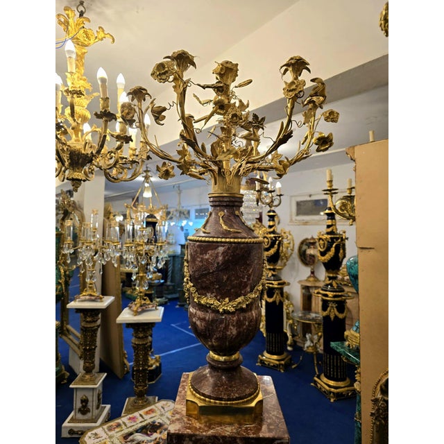 Louis XVI-Style Porcelain Pedestal Centerpiece Set of 2 With Floral Gold Leaf Details & Gilded Bronze Accents For Sale - Image 9 of 11