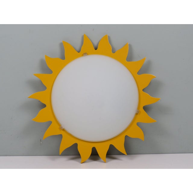 Sun-Shaped Ceiling Lamp in Opaline Glass and Yellow Lacquered Wood from Massive, Belgium, 1970s For Sale - Image 13 of 13