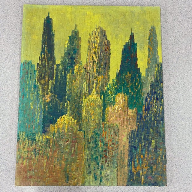 Pointillism Skyscrapers Cityscape Oil on Canvas Painting by Le Boreux For Sale - Image 9 of 17