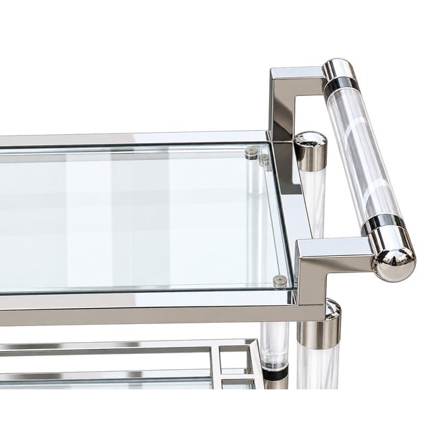 Mid-Century Modern 1970s Hollywood Regency Lucite, Chrome & Glass Two-Tier Bar Cart For Sale - Image 3 of 7