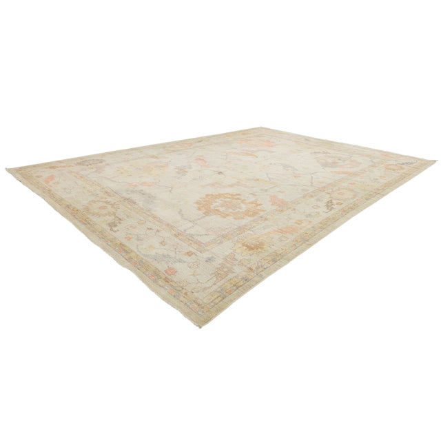 Cream Ethereal Modern Oushak Style Handmade Wool Area Rug Pastels & Earth Tones 14x19 For Sale - Image 8 of 11