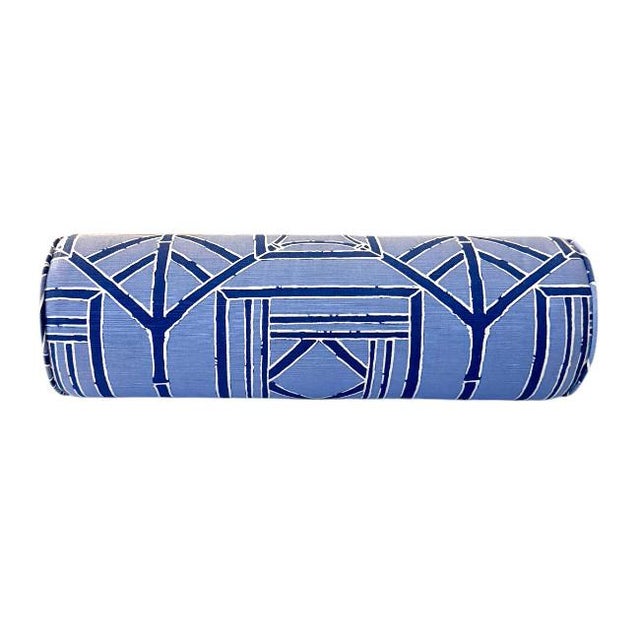 Thibaut “Shoji Panel” Bolster Pillow – Blue & Navy For Sale - Image 4 of 6